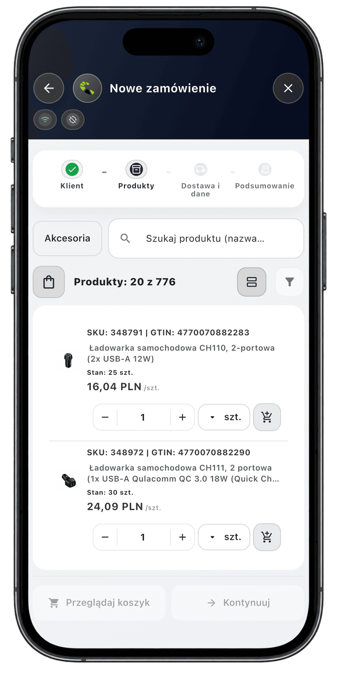 Widok obsługi wizyt i zamówień w Centoro SFA