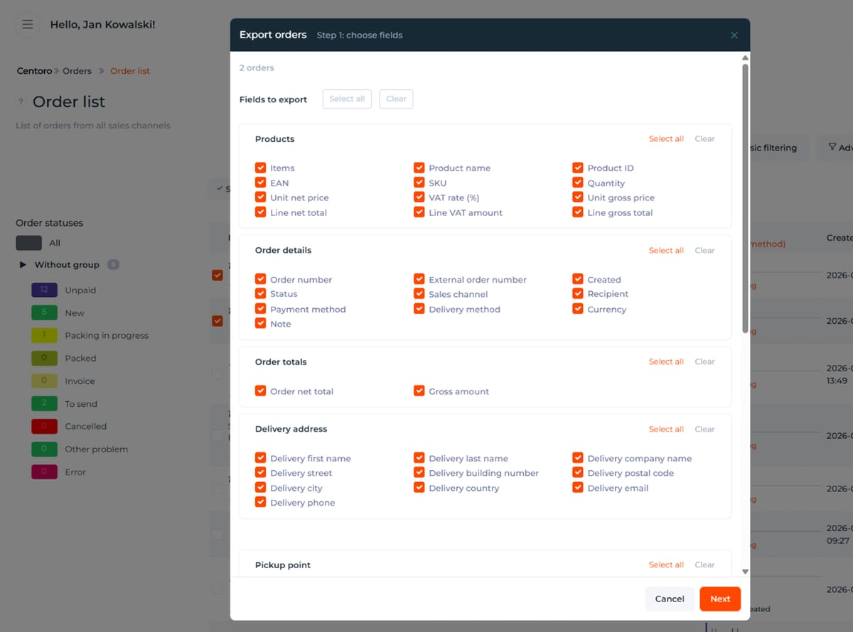 Exporting orders – Centoro OMS