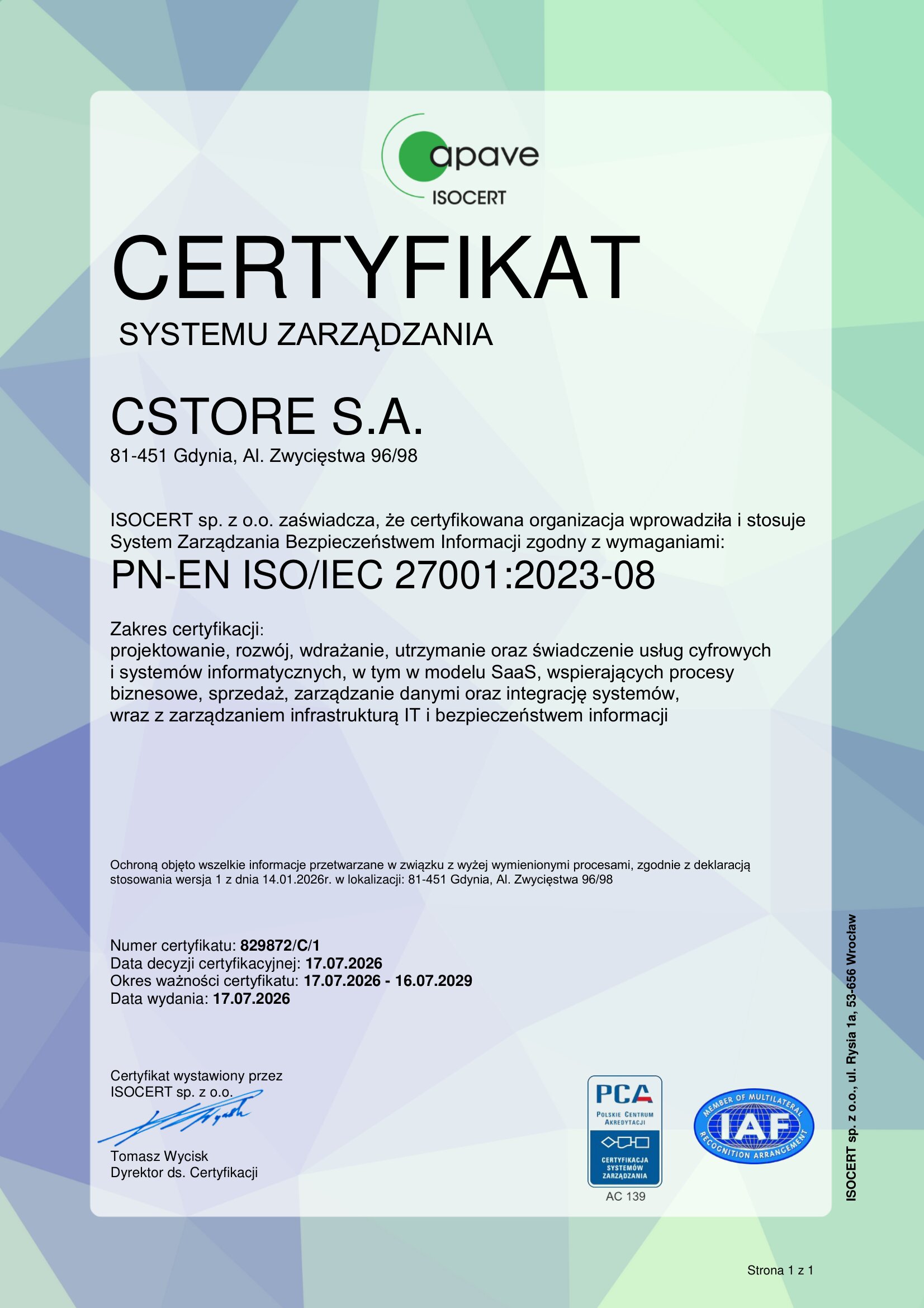 Certyfikat PN-EN ISO/IEC 27001:2023-08